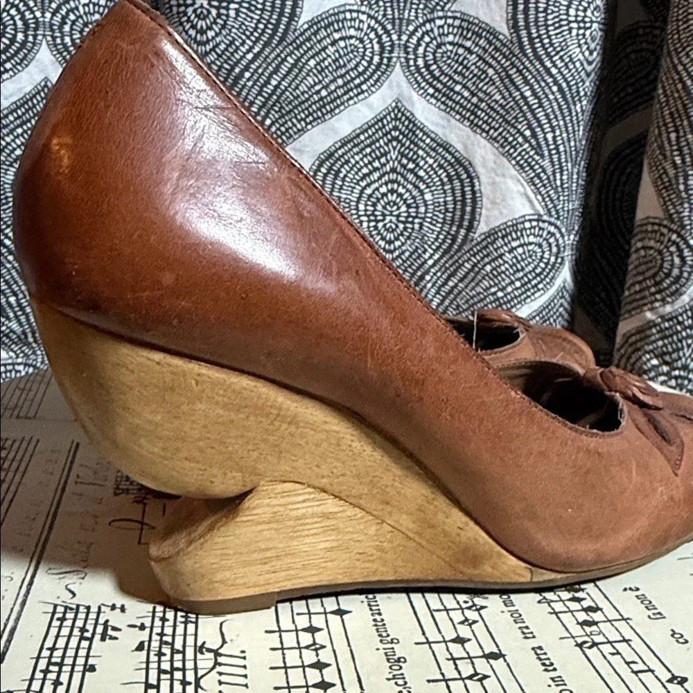 Miss Albright Vintage brown leather wooden wedge heels SZ 7.5
